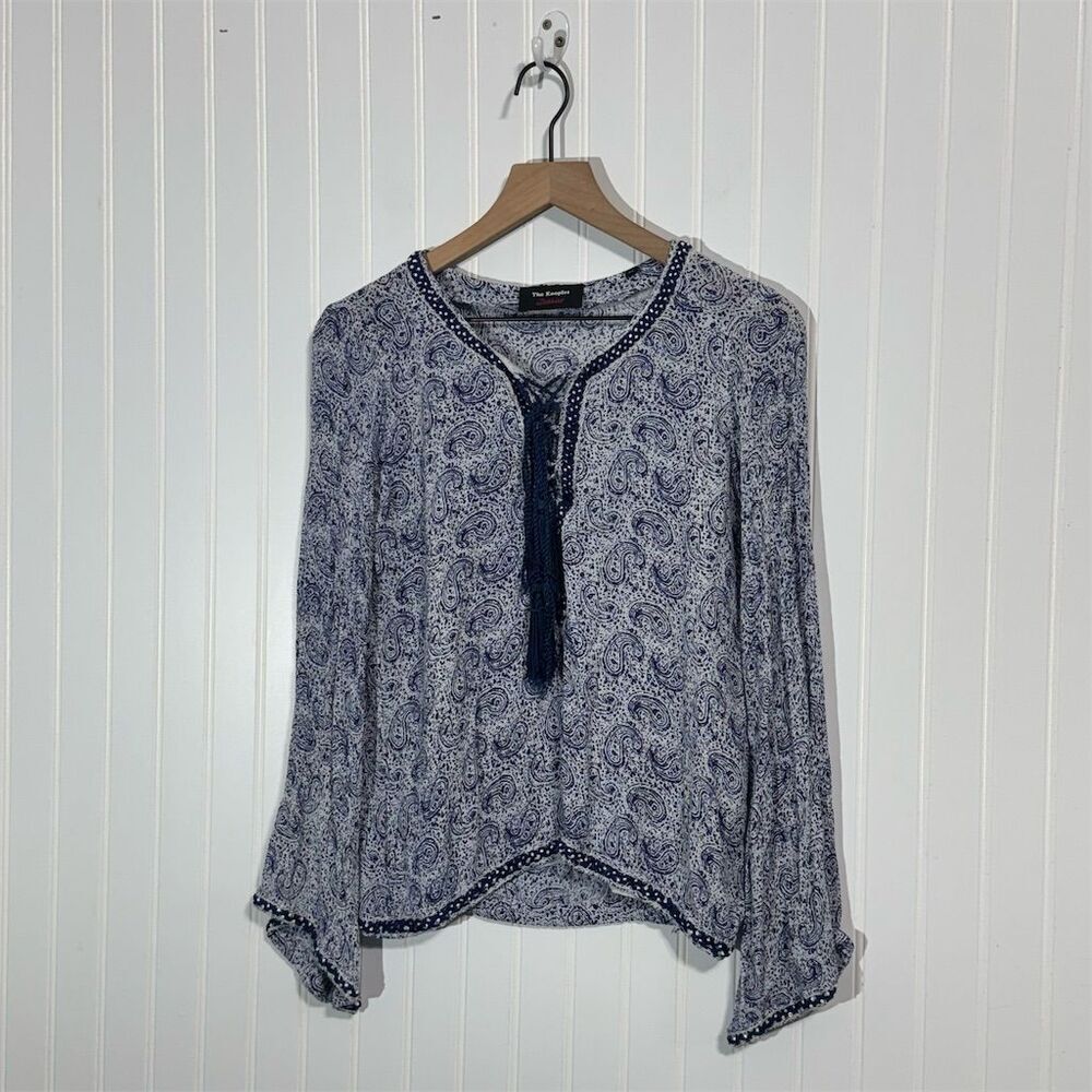 The Kooples Sunrise Blue Paisley Boho Tassel Blouse XS Romantic Bohemian Top